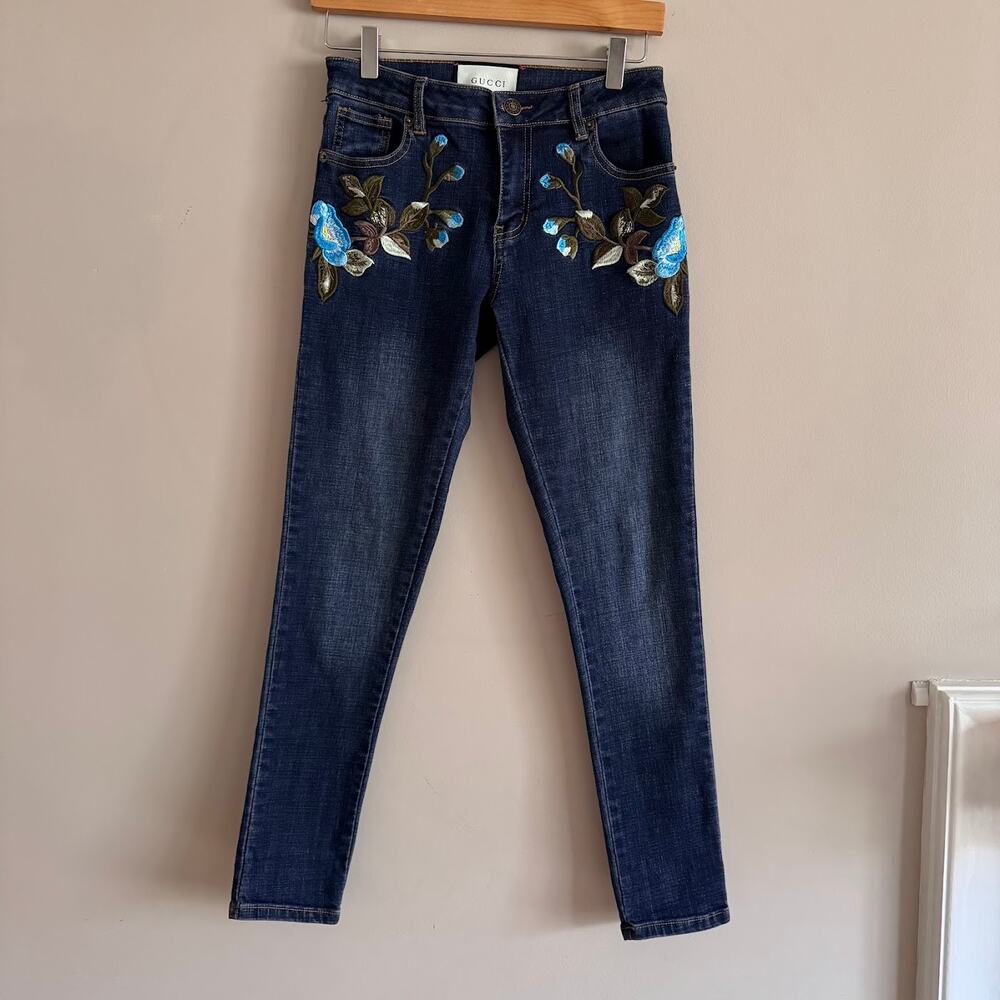 Gucci Floral Embroidered Floral Bloom Blue Jeans Size 27 Made in Italy